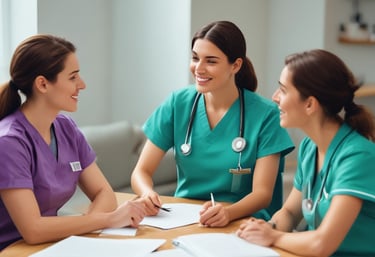 A compassionate nurse assisting an elderly patient in a bright, welcoming home setting.