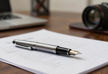 Close-up of a professional fountain pen and legal documents on a dark wood desk in a South Asian consultancy office, soft focused background.