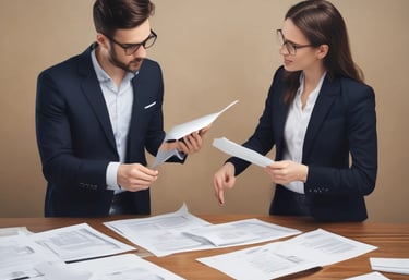 A professional team collaborating over digital contract documents on a tablet.