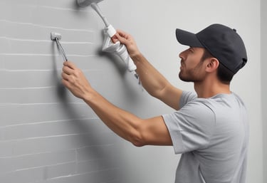 Close-up of hands smoothing fresh plaster on a wall during interior renovation.