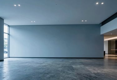 A clean, minimalist interior of a commercial lobby with high ceilings and polished floors in Muted Steel Blue tones.