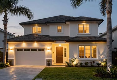 A modern North American / US home exterior in Orlando illuminated by elegant outdoor lighting systems at dusk with palm trees.