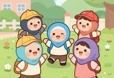 Children sitting in a colorful classroom, attentively listening to their teacher during an Islamic storytime session.