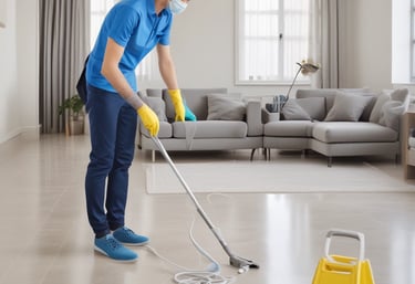 A friendly cleaner in uniform smiling while tidying a bright, cozy London living room.