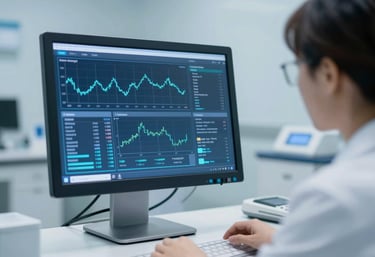 A modern medical diagnostic monitor displaying clear, organized health data in a high-tech clinical setting. Vibe of expertise and precision. Palette: #427B9B, #F2F6F8.