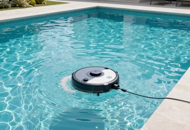 Technician cleaning and checking a residential swimming pool under bright daylight.