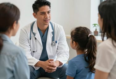 A comforting scene of a family and therapist sharing a moment of understanding and support.