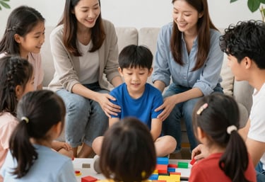 An inclusive community gathering with families and professionals sharing experiences.