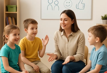 A therapist gently guiding a child through a playful occupational therapy session in a bright, welcoming room.