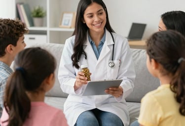 A friendly professional gently interacting with a child in a bright, welcoming therapy room.
