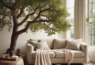 A warm, inviting living room with soft lighting and tasteful decor accents.