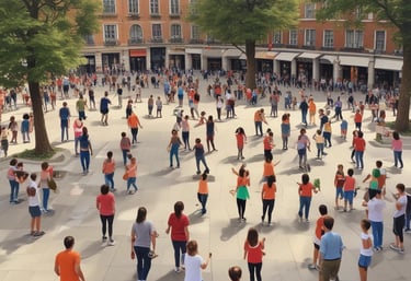 A group of people enjoying an outdoor team-building activity in a sunny park.