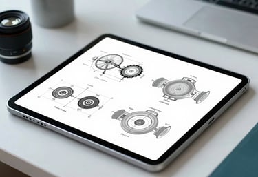 Technical diagrams and whitepapers displayed on a digital tablet in a bright, modern professional workspace with teal accents.