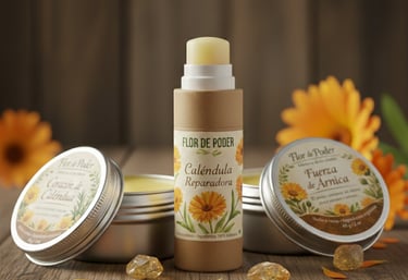 Bálsamos curativos naturales de caléndula y árnica en tubos y latas ecológicos sobre una mesa de mad