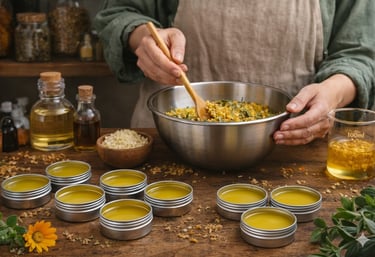 Mezcla a mano hierbas orgánicas en un recipiente de metal para crear bálsamos y ungüentos labiales