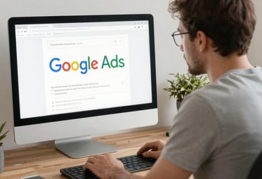 A focused business owner analyzing Google Ads performance charts on a laptop.