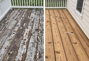 Wooden deck and railing in foggy weather