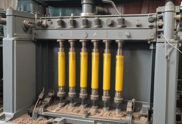 Close-up of a high-voltage transformer coil with steel-green lighting highlighting its industrial design.