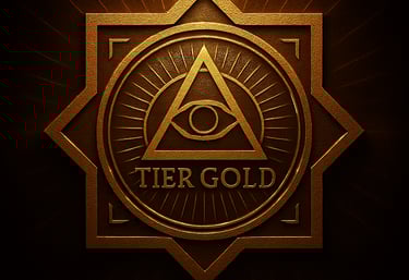 Golden Tier Gold emblem featuring an eye inside a triangle symbol on a textured metallic background.