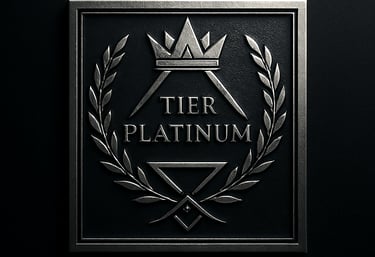 Elegant metallic Tier Platinum emblem with a crown and laurel wreath on a dark textured background.