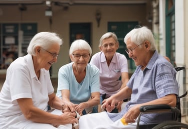 A caring caregiver gently helping an elderly woman with her morning routine in a cozy home setting.