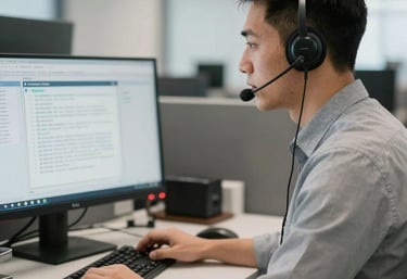 A professional dispatcher wearing a headset in a brightly lit North American office, looking at a dual-monitor setup showing logistics software. Sharp focus, professional business casual attire.