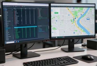 A clean, modern dispatch workstation in the US featuring high-resolution monitors displaying logistics data and maps, shallow depth of field, professional lighting.