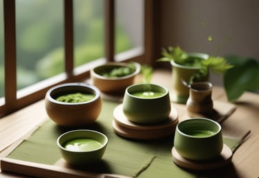 A serene, minimalist living space bathed in soft natural light, featuring elegant handcrafted objects from The Wada Ceremonial.