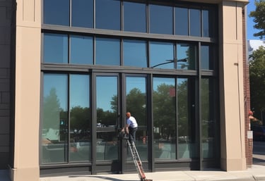 A friendly window cleaner carefully washing windows on a sunny residential street.