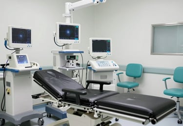 A sterile and high-tech cancer treatment facility with advanced medical monitors and clean white and teal furniture, Global / International Medical Tourism style.