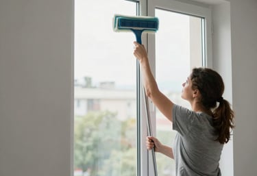 Window cleaner carefully washing large glass panes on a sunny day.