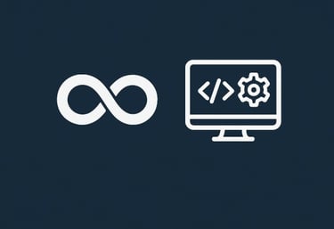 White DevOps infinity loop icon and computer monitor with code and gear icons on a dark blue background.