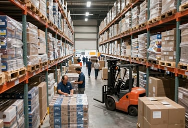 Stacks of premium Dominican food and beverage products ready for export, highlighting quality and care.