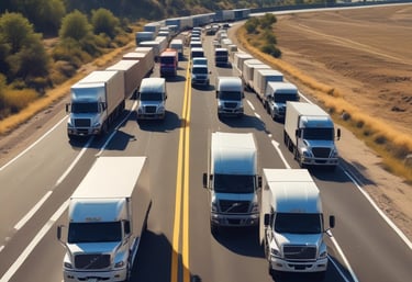 A logistics specialist coordinating routes with a fleet of trucks in the background.