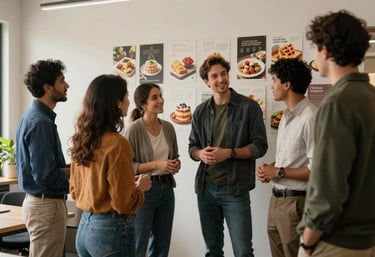 A group of professionals in casual attire collaborating in a warm, light-filled office space in North America, with culinary mood boards on the wall.