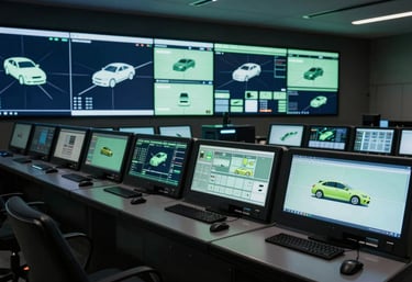 A wide shot of a control room with multiple glowing displays showing vehicle fleet data, minimalist navy blue and sage green interface glows.