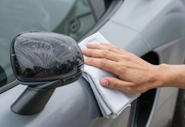 Close-up of a hand applying ceramic coating on a car surface with a sponge.