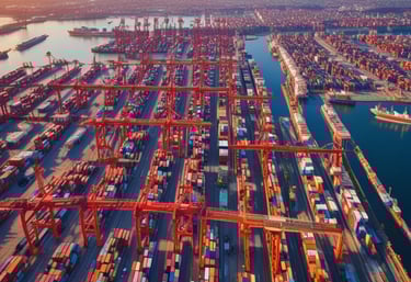 A bustling shipping port terminal with colorful containers stacked and cranes in motion under clear daylight.