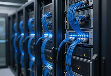 A futuristic data center interior with rows of servers and glowing blue fiber optic cables, symbolizing the strength and speed of our backbone network.