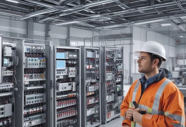 Engineers collaborating over architectural blueprints in a bright, modern workspace.