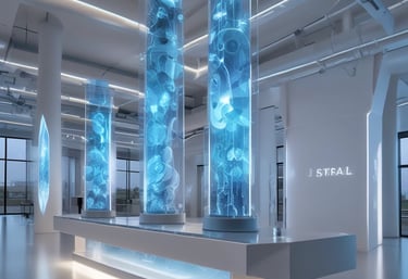 Engineers collaborating over architectural blueprints in a bright, modern workspace.