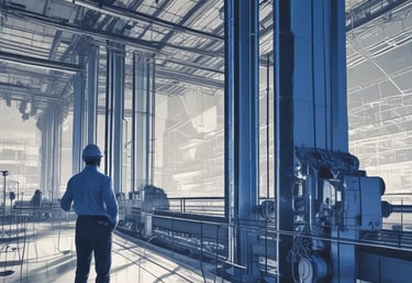 Engineers collaborating over architectural blueprints in a bright, modern workspace.