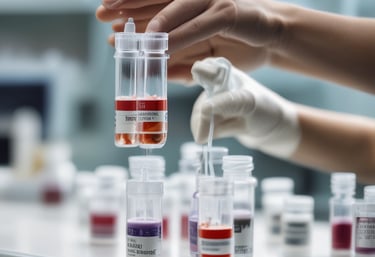 Flat lay of peptide bottles with clinical paperwork and precision scales on a clean white table.