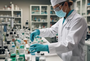 Close-up view of lab technician examining peptide samples under microscope in bright research facility.