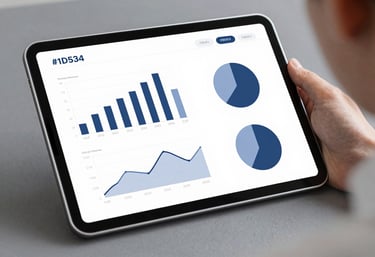 An image of a sleek, modern tablet showing analytical charts and graphs, shot in a professional setting using #1D3534 and #F0F3F3.