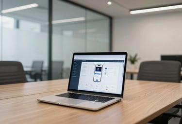 A bright office meeting room in Kyiv with glass walls and modern furniture. A laptop sits open on a table showing a mobile application wireframe.