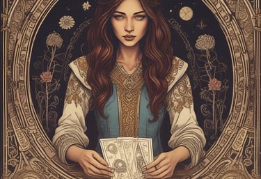 A warm, inviting tarot reader gently shuffling cards at a cozy wooden table.