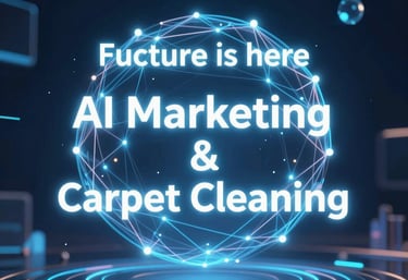 A cozy living room with freshly cleaned upholstered furniture and a laptop showing AI marketing analytics.