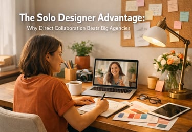 Solo graphic designer working at a desk while collaborating via video call on a laptop.