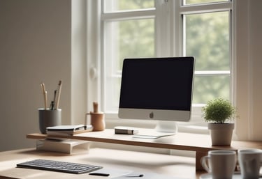A calm person engaged in a virtual conversation on a laptop, set against a minimalist, cozy background.